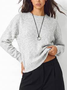 YARNWELL Women's Solid Color Round Neck Long Sleeve Sweater For Autumn/Winter - Grey - View 9