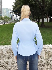 Luzma Cabello Luzma Cabello 女士纯色商务休闲翻领长袖收腰衬衫，春秋季 - 藍色 - 查看 2