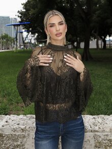 Luzma Cabello Luzma Cabello 女士立领插肩袖优雅衬衫 深绿色蕾丝上衣 波西米亚风蕾丝上衣 蕾丝衬衫 薄纱蕾丝上衣 女士蕾丝衬衫 女士薄纱上衣 波西米亚风女装 波西米亚风上衣 波西米亚风格服装 - 軍綠色 - 查看 5