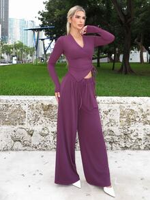 Luzma Cabello Luzma Cabello Women's Asymmetrical Gray Top & Wide Leg Pants 2 Pieces Set, Spring/Summer Purple Two Piece Set Women Wide Leg Pants Set - Purple - View 3