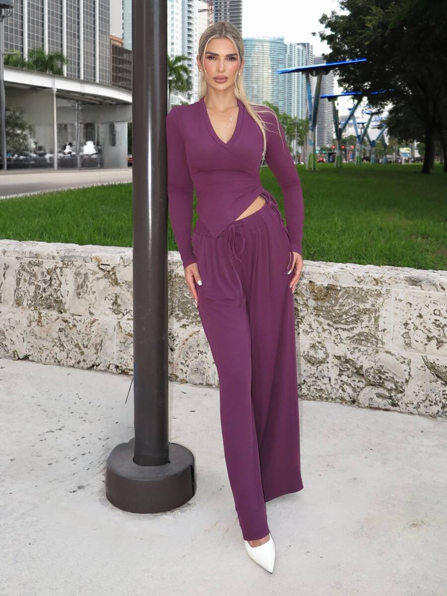 Luzma Cabello Luzma Cabello Women's Asymmetrical Gray Top & Wide Leg Pants 2 Pieces Set, Spring/Summer Purple Two Piece Set Women Wide Leg Pants Set - Purple - View 1