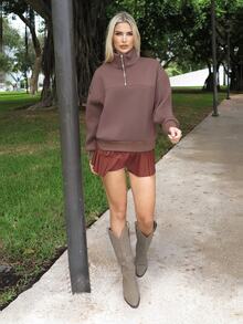 Luzma Cabello Luzma Cabello Women's Loose Solid Half Zip Thermal Lining Sweatshirt - Coffee Brown - View 5