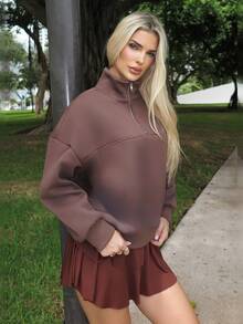Luzma Cabello Luzma Cabello Women's Loose Solid Half Zip Thermal Lining Sweatshirt - Coffee Brown - View 4