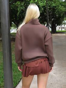 Luzma Cabello Luzma Cabello Women's Loose Solid Half Zip Thermal Lining Sweatshirt - Coffee Brown - View 2