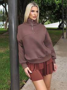 Luzma Cabello Luzma Cabello Women's Loose Solid Half Zip Thermal Lining Sweatshirt - Coffee Brown - View 1