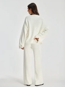 SHEIN Women Round Neck Sweater And Sweater Pant 2pcs Co-Ord Set Print Detailed - White - View 10