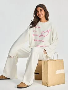 SHEIN Women Round Neck Sweater And Sweater Pant 2pcs Co-Ord Set Print Detailed - White - View 12