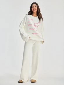 SHEIN Women Round Neck Sweater And Sweater Pant 2pcs Co-Ord Set Print Detailed - White - View 9