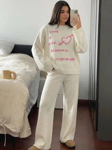 SHEIN Women Round Neck Sweater And Sweater Pant 2pcs Co-Ord Set Print Detailed - White - View 4
