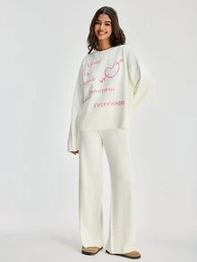 SHEIN Women Round Neck Sweater And Sweater Pant 2pcs Co-Ord Set Print Detailed - White - View 8