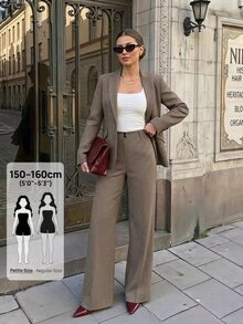 SHEIN PETITE 女款千鳥格西裝外套 + 長褲，適合夏季/通勤辦公商務棕色格紋休閒 - 卡其色 - 查看 4