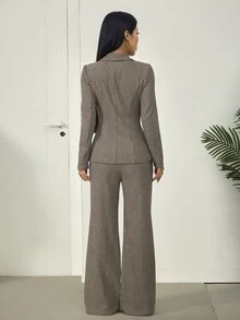 SHEIN PETITE 女款千鳥格西裝外套 + 長褲，適合夏季/通勤辦公商務棕色格紋休閒 - 卡其色 - 查看 2