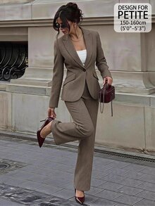 SHEIN PETITE 女款千鳥格西裝外套 + 長褲，適合夏季/通勤辦公商務棕色格紋休閒 - 卡其色 - 查看 1