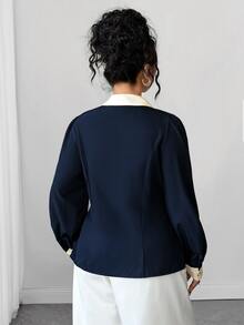 Elenzga Plus Size Women's Colorblock Ruffle Casual Versatile Everyday Outing Shirt - Navy Blue - View 2