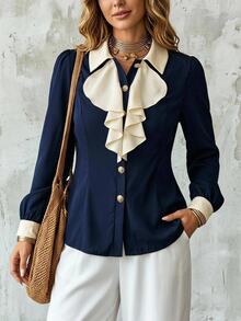 Elenzga Plus Size Women's Colorblock Ruffle Casual Versatile Everyday Outing Shirt - Navy Blue - View 8