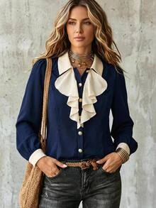 Elenzga Plus Size Women's Colorblock Ruffle Casual Versatile Everyday Outing Shirt - Navy Blue - View 9