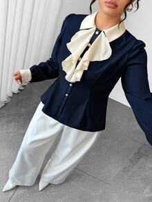 Elenzga Plus Size Women's Colorblock Ruffle Casual Versatile Everyday Outing Shirt - Navy Blue - View 6