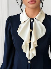 Elenzga Plus Size Women's Colorblock Ruffle Casual Versatile Everyday Outing Shirt - Navy Blue - View 4