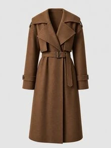 Sweetra 2026 Autumn-Winter New Style Women's Tweed Coat With Belt, Buttoned Collar, Elegant For Business Office, Evening Out, Festive Wear, Shades Of Brown - Brown - View 1