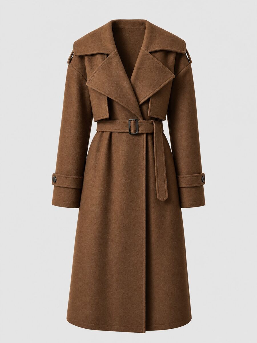 Sweetra 2026 Autumn-Winter New Style Women's Tweed Coat With Belt, Buttoned Collar, Elegant For Business Office, Evening Out, Festive Wear, Shades Of Brown - Brown - View 1