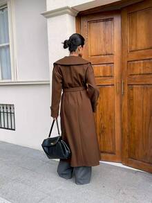 Sweetra 2026 Autumn-Winter New Style Women's Tweed Coat With Belt, Buttoned Collar, Elegant For Business Office, Evening Out, Festive Wear, Shades Of Brown - Brown - View 2