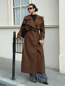 Sweetra 2026 Autumn-Winter New Style Women's Tweed Coat With Belt, Buttoned Collar, Elegant For Business Office, Evening Out, Festive Wear, Shades Of Brown - Brown - View 7