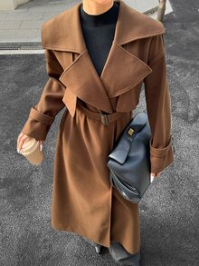 Sweetra 2026 Autumn-Winter New Style Women's Tweed Coat With Belt, Buttoned Collar, Elegant For Business Office, Evening Out, Festive Wear, Shades Of Brown - Brown - View 3