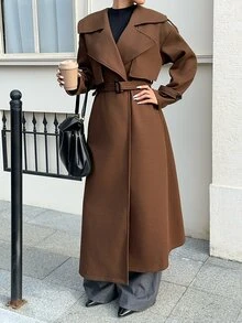 Sweetra 2026 Autumn-Winter New Style Women's Tweed Coat With Belt, Buttoned Collar, Elegant For Business Office, Evening Out, Festive Wear, Shades Of Brown - Brown - View 4