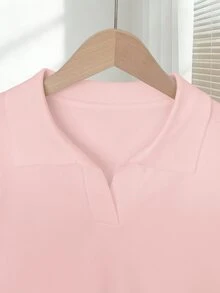 SHEIN 女士春夏白色简约休闲翻领插肩短袖纯色修身针织上衣 - 淺粉色 - 查看 4