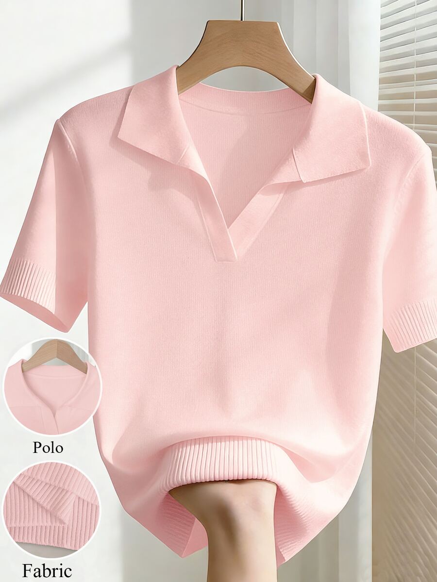 SHEIN Women's Spring/Summer White Simple Casual Turndown Collar Raglan Short Sleeve Solid Color Fitted Knit Top Solid Color Tops Pink Blouses Baby Pink Tops - Baby Pink - View 1