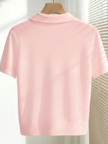 SHEIN 女士春夏白色简约休闲翻领插肩短袖纯色修身针织上衣 - 淺粉色 - 查看 2