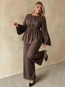Auralis Brown Bell Sleeve Cinched Waist Flared Round Neck Cutout Blouse & Straight Leg Pants With Pockets/Casual Daily Outfit - Brown - View 3