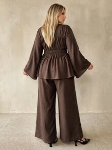 Auralis Brown Bell Sleeve Cinched Waist Flared Round Neck Cutout Blouse & Straight Leg Pants With Pockets/Casual Daily Outfit - Brown - View 5