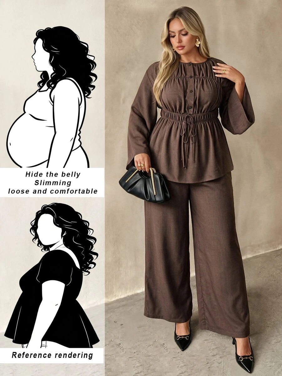 Auralis Brown Bell Sleeve Cinched Waist Flared Round Neck Cutout Blouse & Straight Leg Pants With Pockets/Casual Daily Outfit