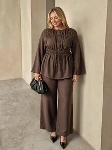 Auralis Brown Bell Sleeve Cinched Waist Flared Round Neck Cutout Blouse & Straight Leg Pants With Pockets/Casual Daily Outfit - Brown - View 7