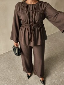 Auralis Brown Bell Sleeve Cinched Waist Flared Round Neck Cutout Blouse & Straight Leg Pants With Pockets/Casual Daily Outfit - Brown - View 4