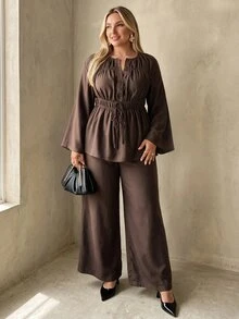 Auralis Brown Bell Sleeve Cinched Waist Flared Round Neck Cutout Blouse & Straight Leg Pants With Pockets/Casual Daily Outfit - Brown - View 8