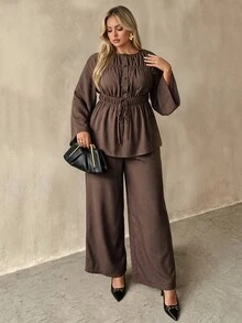 Auralis Brown Bell Sleeve Cinched Waist Flared Round Neck Cutout Blouse & Straight Leg Pants With Pockets/Casual Daily Outfit - Brown - View 6