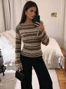 Aloruh Sweater Wanita Kasual Musim Gugur Bergaris Bahu Terbuka, Cocok untuk Liburan Sehari-hari, Garis Cokelat, Nyaman, Retro, untuk Pergi Keluar - MultiWarna - View 1