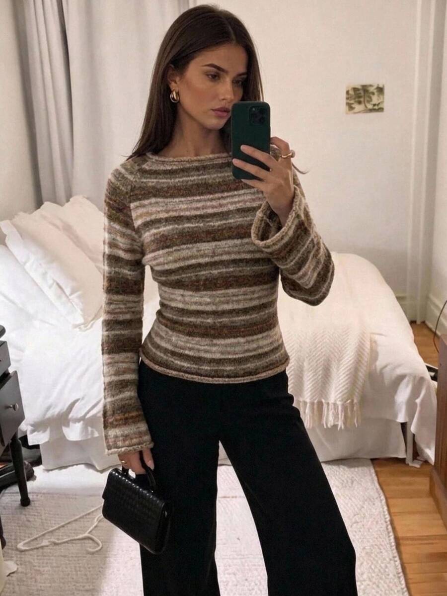 Aloruh Sweater Wanita Kasual Musim Gugur Bergaris Bahu Terbuka, Cocok untuk Liburan Sehari-hari, Garis Cokelat, Nyaman, Retro, untuk Pergi Keluar - MultiWarna - View 1