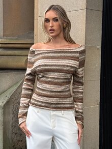 Aloruh Sweater Wanita Kasual Musim Gugur Bergaris Bahu Terbuka, Cocok untuk Liburan Sehari-hari, Garis Cokelat, Nyaman, Retro, untuk Pergi Keluar - MultiWarna - View 7