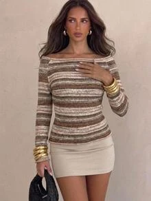 Aloruh Sweater Wanita Kasual Musim Gugur Bergaris Bahu Terbuka, Cocok untuk Liburan Sehari-hari, Garis Cokelat, Nyaman, Retro, untuk Pergi Keluar - MultiWarna - View 5