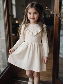 SHEIN Young Girl Solid Color Knit Round Neck Ruffle Hem Casual Sweater Dress - Multicolor - View 3
