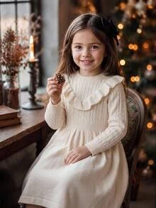 SHEIN Young Girl Solid Color Knit Round Neck Ruffle Hem Casual Sweater Dress - Multicolor - View 5