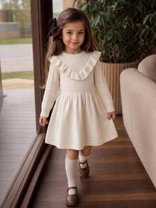SHEIN Young Girl Solid Color Knit Round Neck Ruffle Hem Casual Sweater Dress - Multicolor - View 4