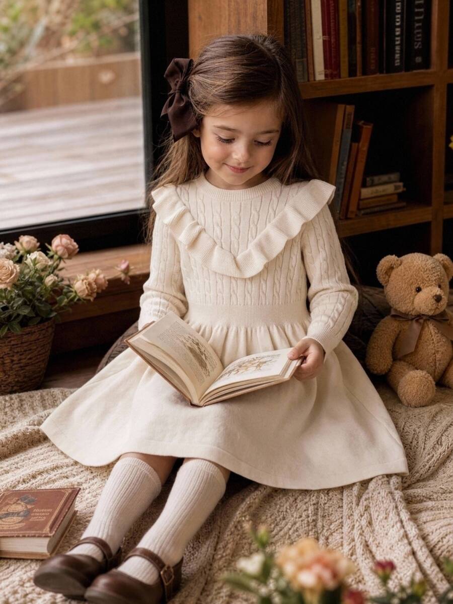 SHEIN Young Girl Solid Color Knit Round Neck Ruffle Hem Casual Sweater Dress - Multicolor - View 1