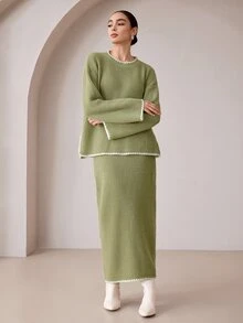 Graceveil Women's Knitted Fashion Loose Fit Autumn/Winter Long Sleeve Sweater 2 Pieces Set - Green - View 3