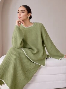Graceveil Women's Knitted Fashion Loose Fit Autumn/Winter Long Sleeve Sweater 2 Pieces Set - Green - View 8
