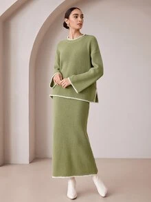 Graceveil Women's Knitted Fashion Loose Fit Autumn/Winter Long Sleeve Sweater 2 Pieces Set - Green - View 4