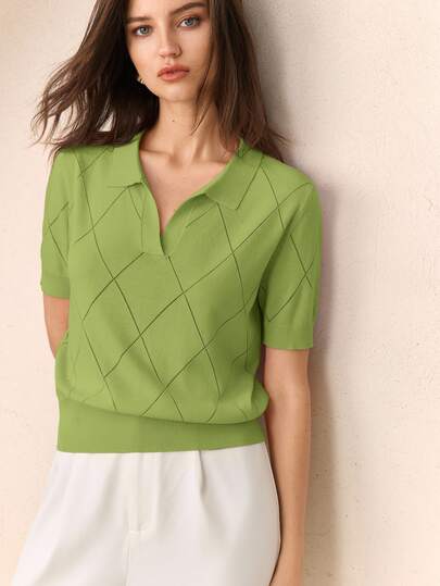 BizChic Avokadegrön stickad topp för kvinnor, vår, polokrage, diamantstickad, kortärmad pullovertröja, elegant, minimalistisk, casual, pendling, dejt, vardag, semester, självständighetsdag, examenssäsong, musikfestival, figursydd, elegant, mångsidig, exklusiv, sommar, social, helg, fest, utflykt, strand, kontor, fransk vintage, fräsch
